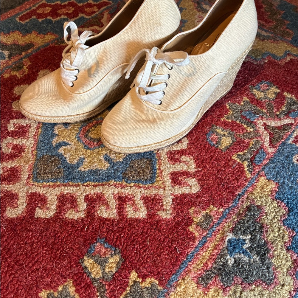 Christian Louboutin Cream Canvas Lace-Up Wedge Espadrilles